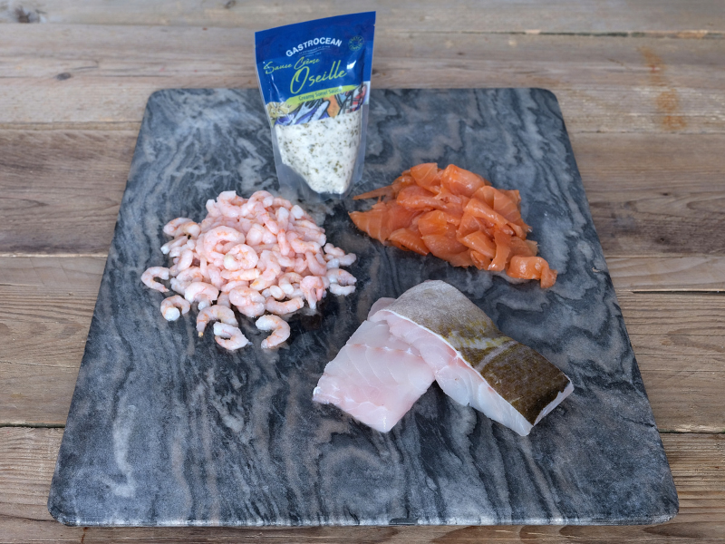 Fish bundle - Cod loin, prawns, smoked salmon, sorrel sauce