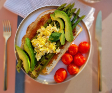 Chilli eggs, avocado and asparagus on toast