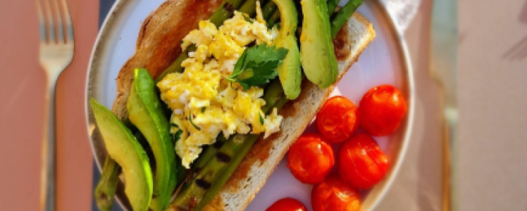 Chilli eggs, avocado and asparagus on toast