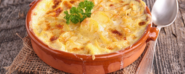 Potato, Leek & Bacon Gratin with Crispy Leek Topping